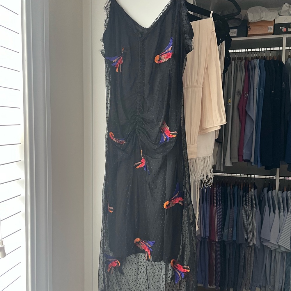 House of Harlow 1960 Black Dress with Vibrant Bird Details
